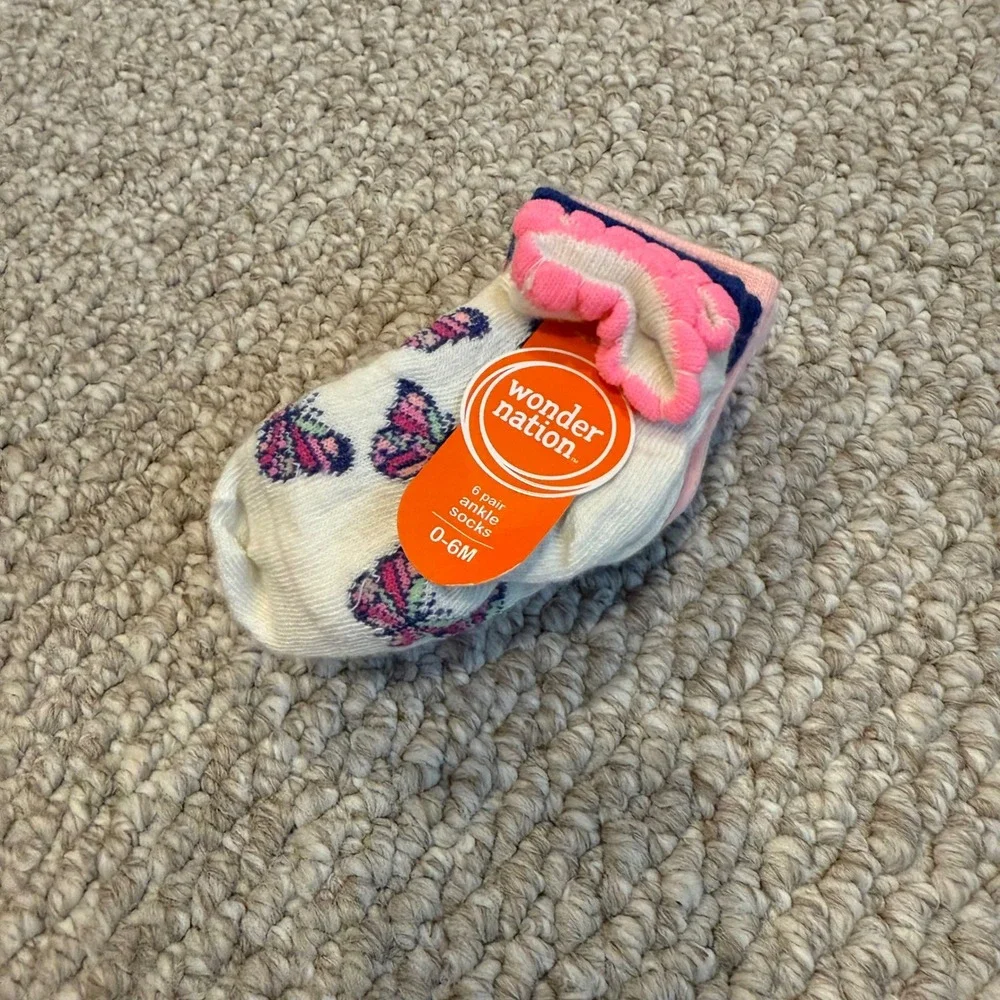Wonder Nation Baby Girl Socks 6-Pair Ankle‎ Butterfly Pink Blue White 0-6 Months